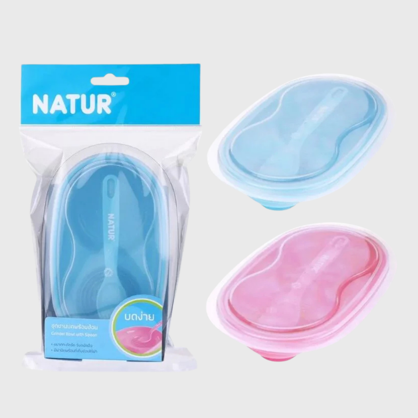 Natur Baby Feeding & Grinder Bowl with Spoon 6m+ (Blue and Pink)