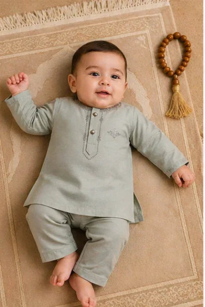 Baby Boys Embroidered Kurta & Shalwar Set – Sage Green