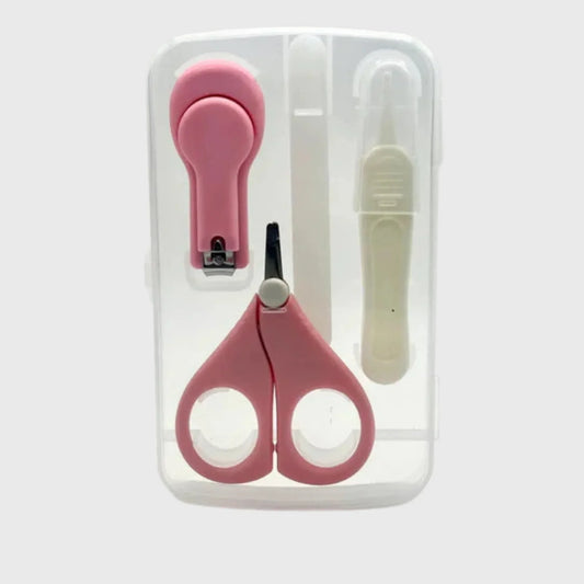 Baby nail care kit with pink scissors, nail clippers, file, and tweezer in a clear case