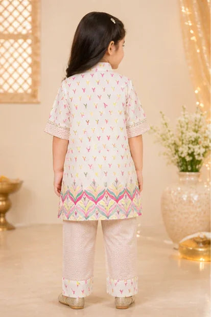 Girls Printed Kurta Set – Off White Multi