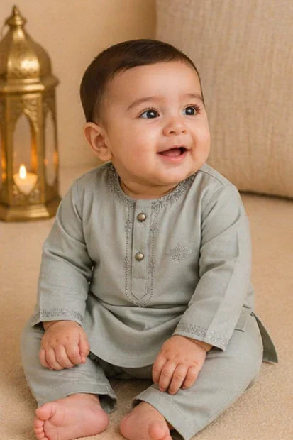 Baby Boys Embroidered Kurta & Shalwar Set – Sage Green