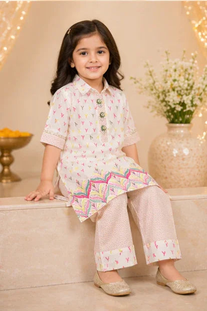 Girls Printed Kurta Set – Off White Multi