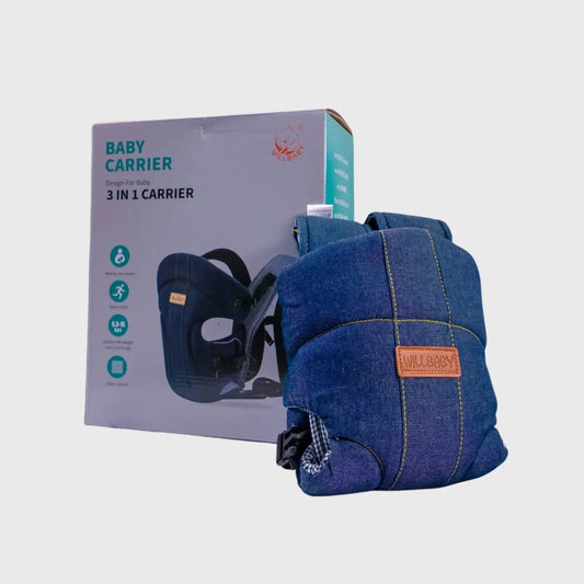 Denim blue 3-in-1 baby carrier with box, ergonomic design for infants and toddlers