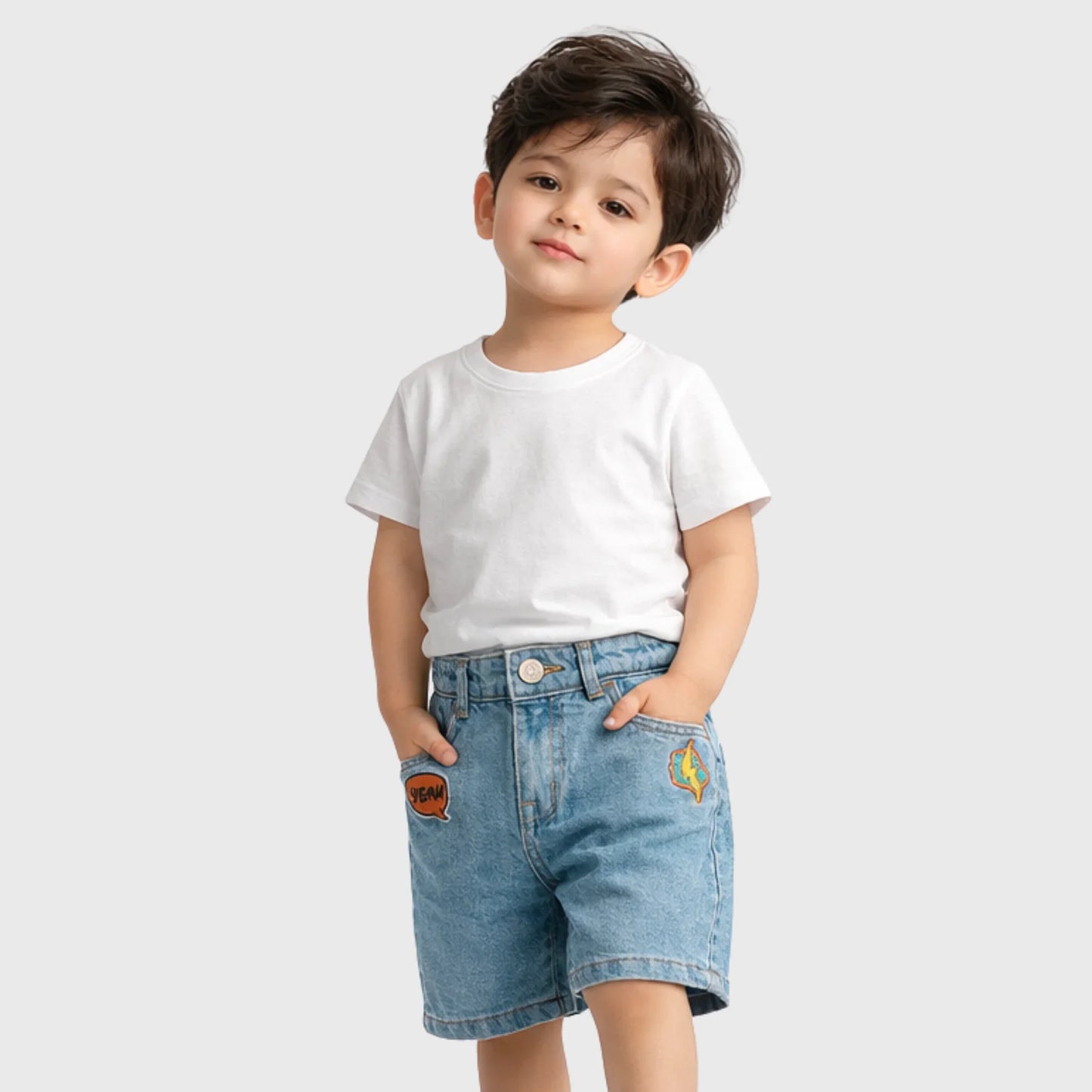 TinyTrend Adventure Denim Shorts with Fun Patches