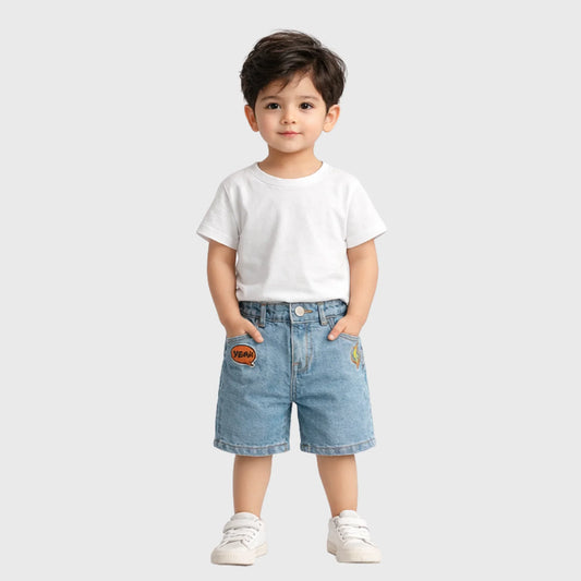 TinyTrend Adventure Denim Shorts with Fun Patches