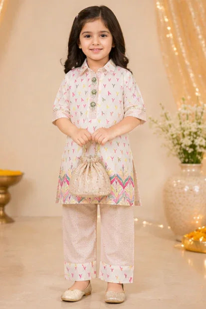 Girls Printed Kurta Set – Off White Multi