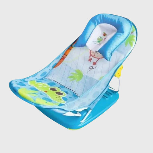 Blue baby bather with cartoon animal print, adjustable reclining seat, baby essentials