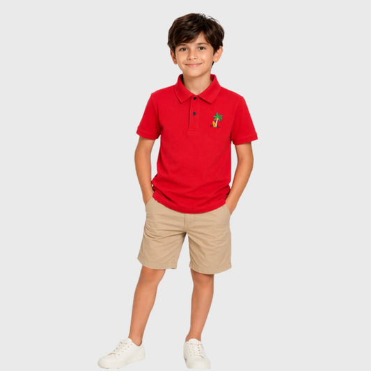 Red Cotton Polo with Palm Tree Embroidery