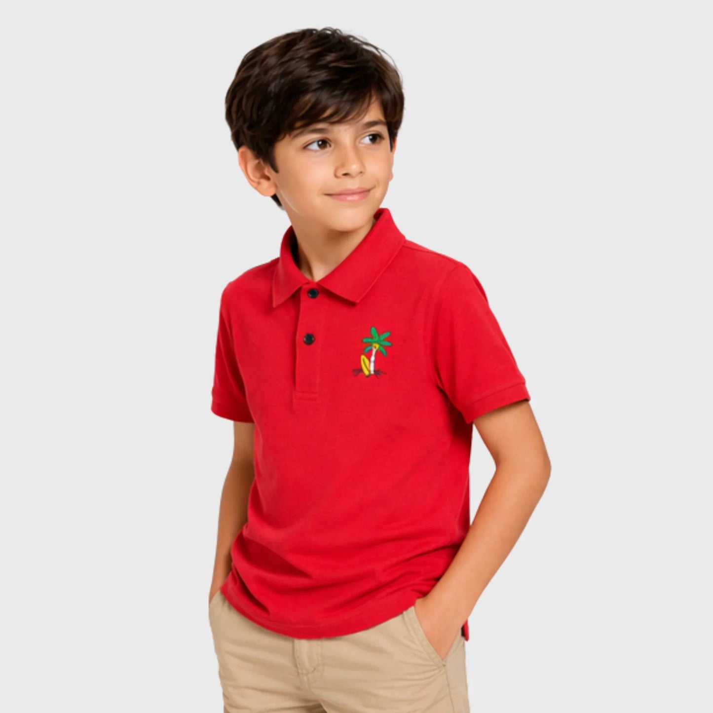 Red Cotton Polo with Palm Tree Embroidery