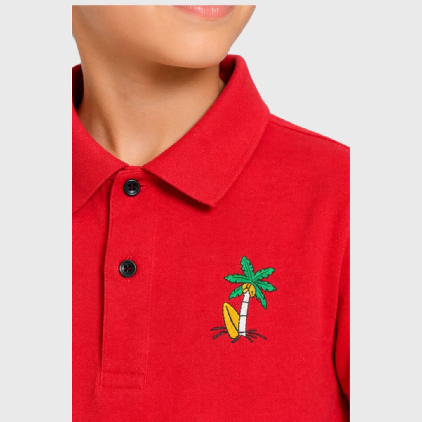 Red Cotton Polo with Palm Tree Embroidery