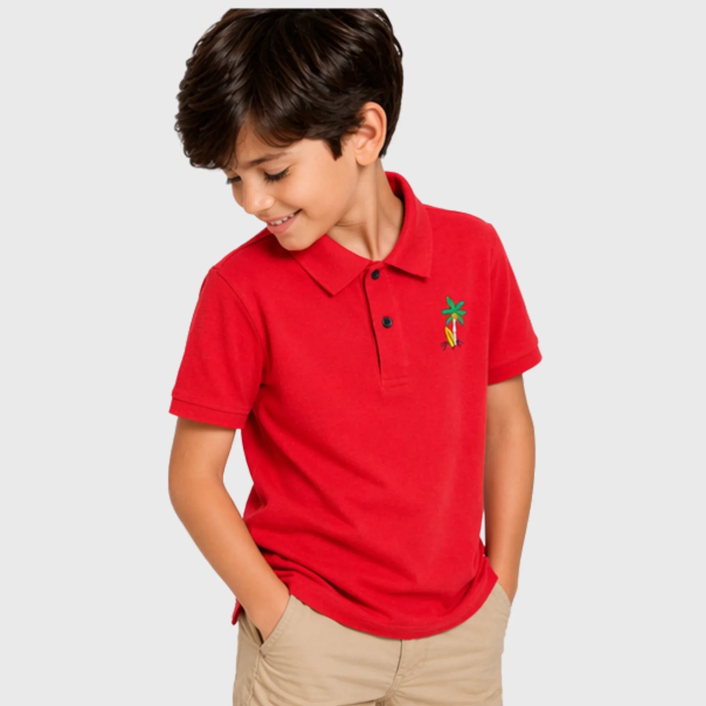 Red Cotton Polo with Palm Tree Embroidery