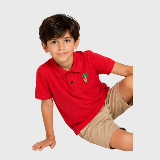 Red Cotton Polo with Palm Tree Embroidery