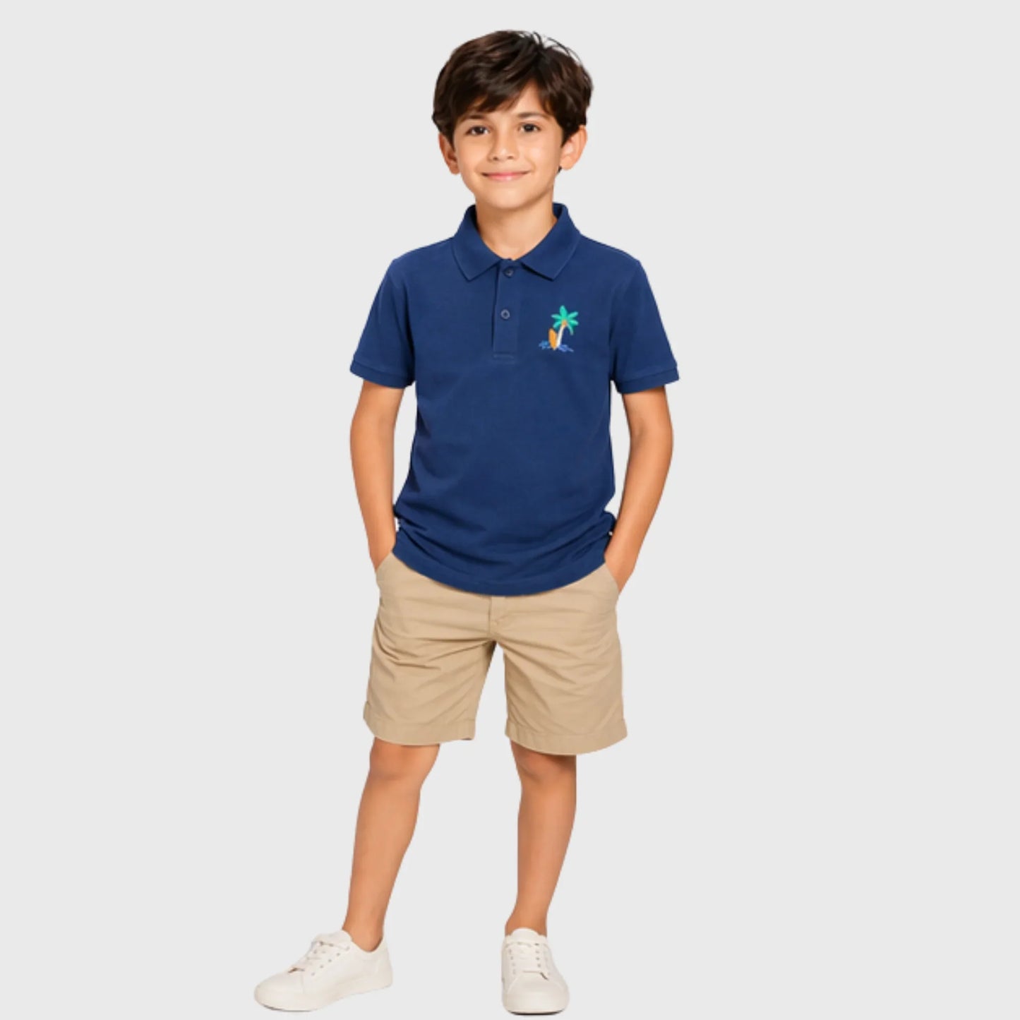 Navy Cotton Polo with Island Surf Embroidery