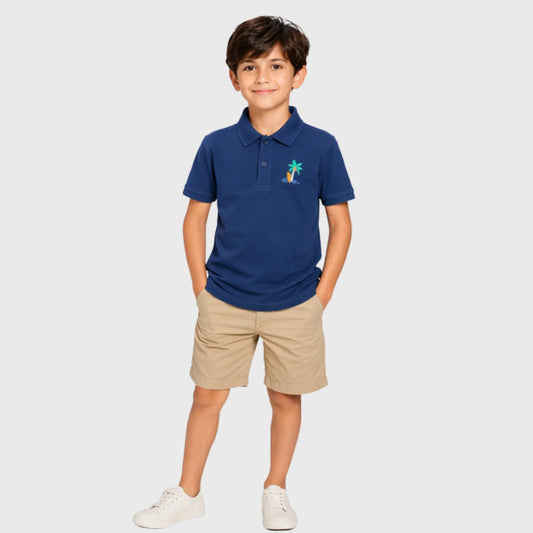 Navy Cotton Polo with Island Surf Embroidery