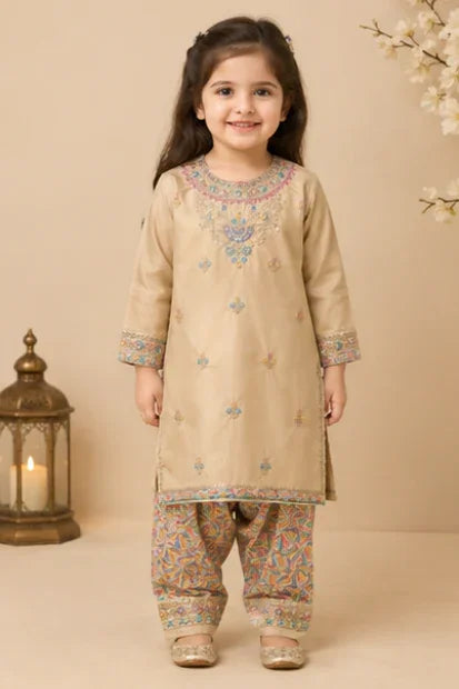 Girls Embroidered Kurta & Shalwar Set – Beige