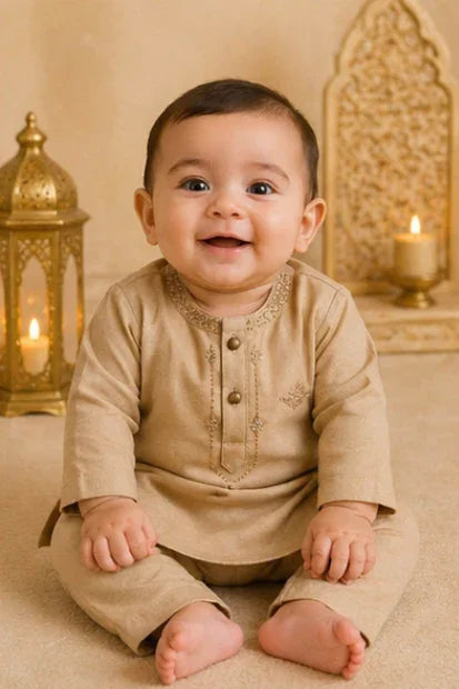 Baby Boys Embroidered Kurta & Shalwar Set – Cream beige