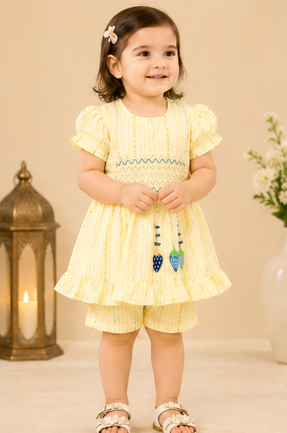 Baby Girls Puff Sleeve Frock & Shorts Set – Yellow Stripe