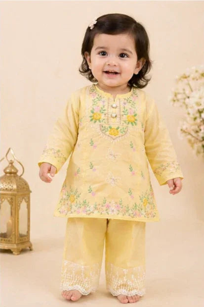 Girls Embroidered Kurta Set – Yellow