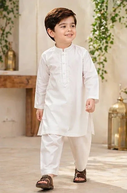 Boys Embroidered Kurta & Shalwar Set – White