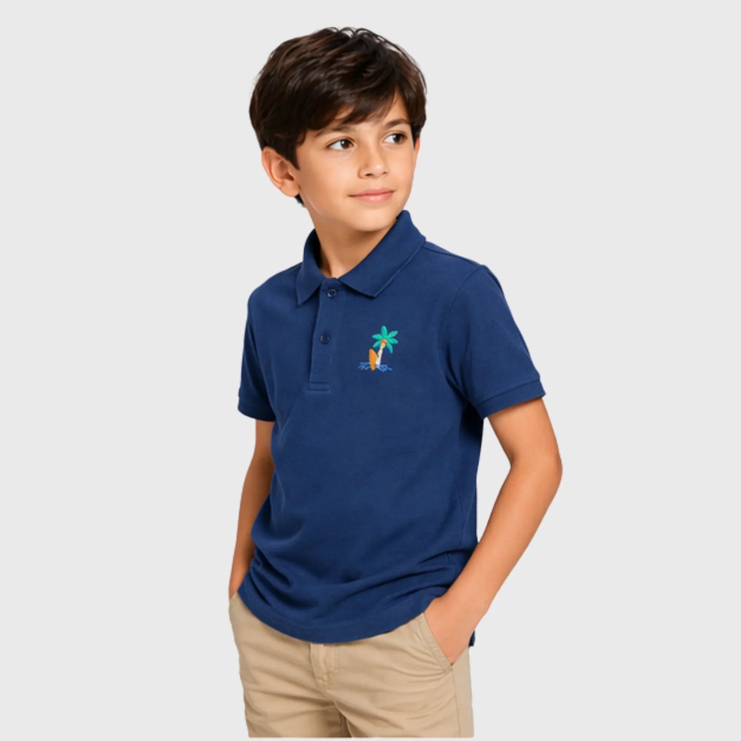 Navy Cotton Polo with Island Surf Embroidery