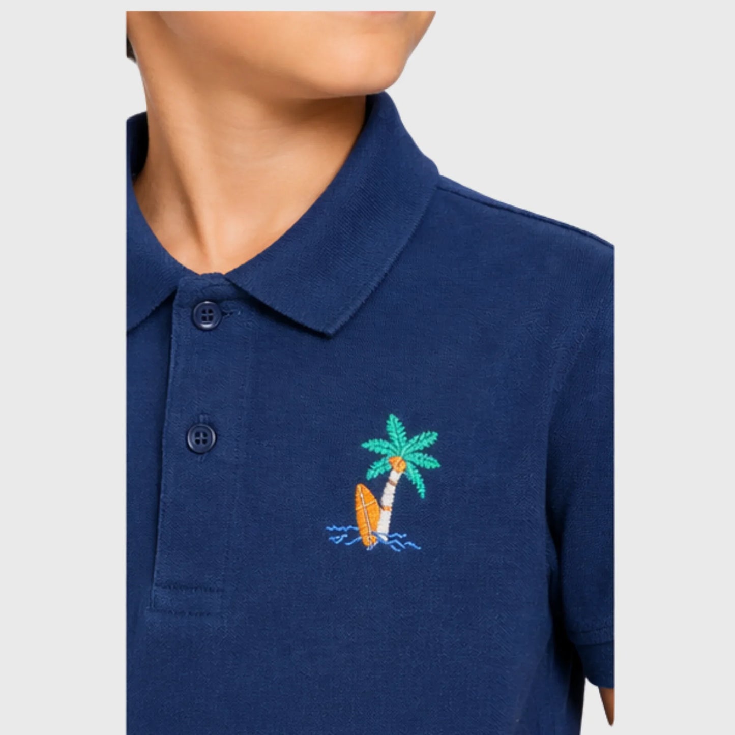 Navy Cotton Polo with Island Surf Embroidery