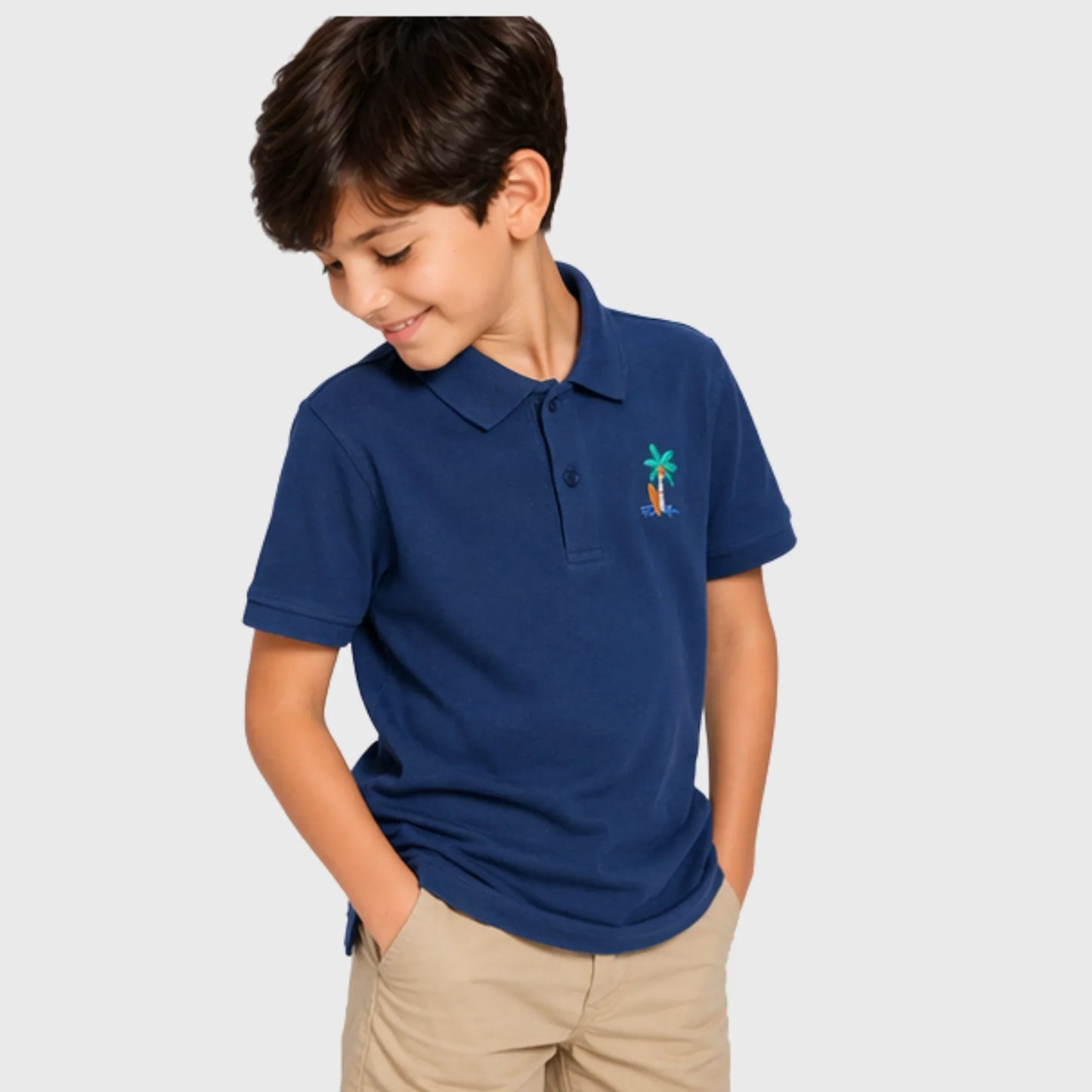 Navy Cotton Polo with Island Surf Embroidery