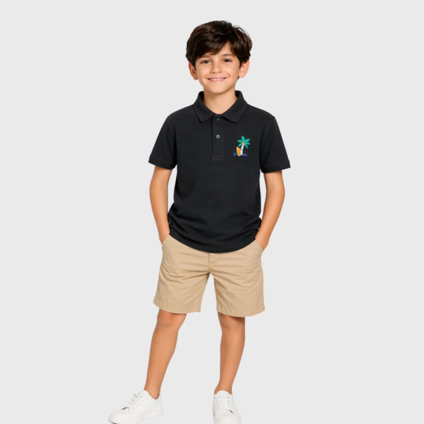 Black Cotton Polo with Island Surf Embroidery