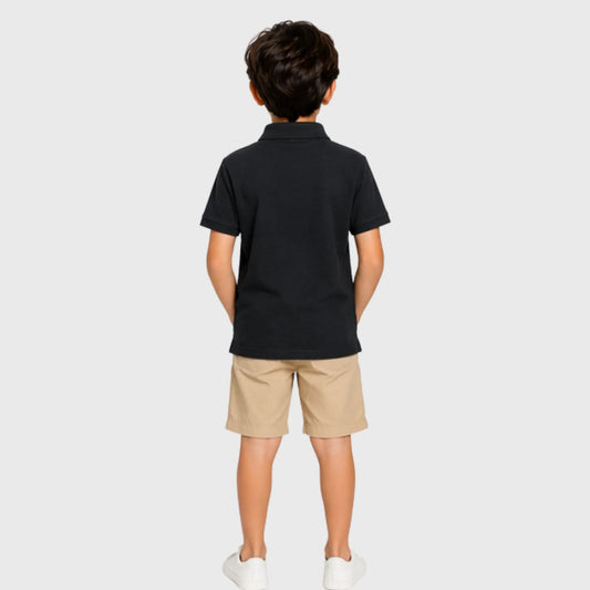 Black Cotton Polo with Island Surf Embroidery
