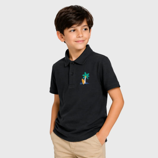 Black Cotton Polo with Island Surf Embroidery