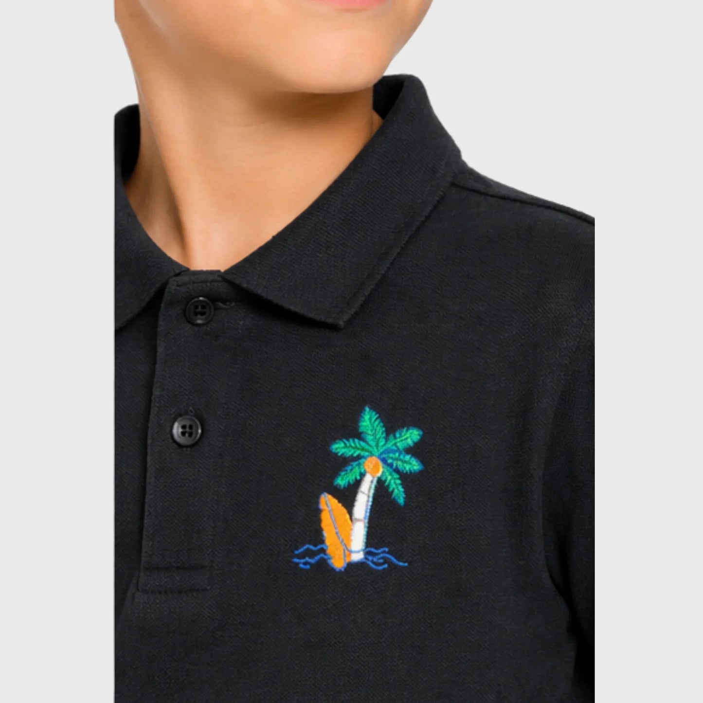 Black Cotton Polo with Island Surf Embroidery