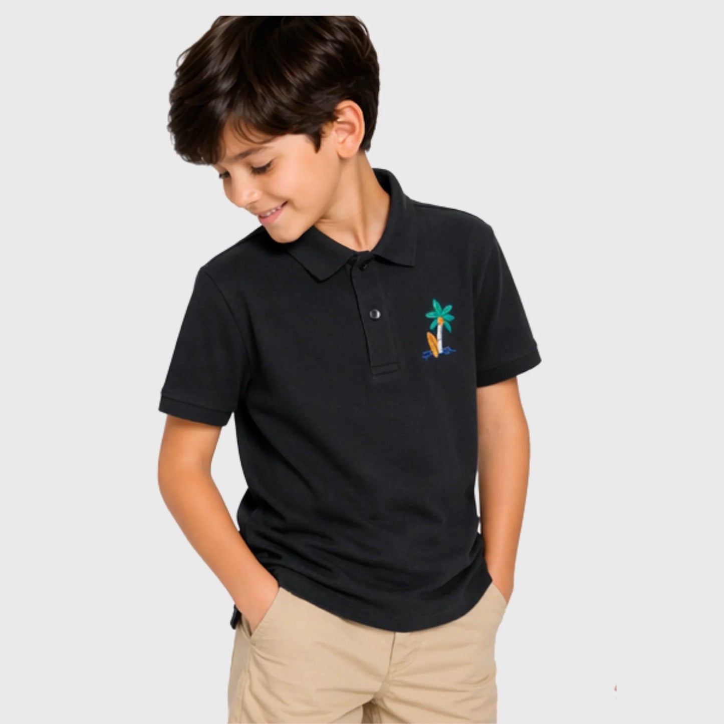 Black Cotton Polo with Island Surf Embroidery