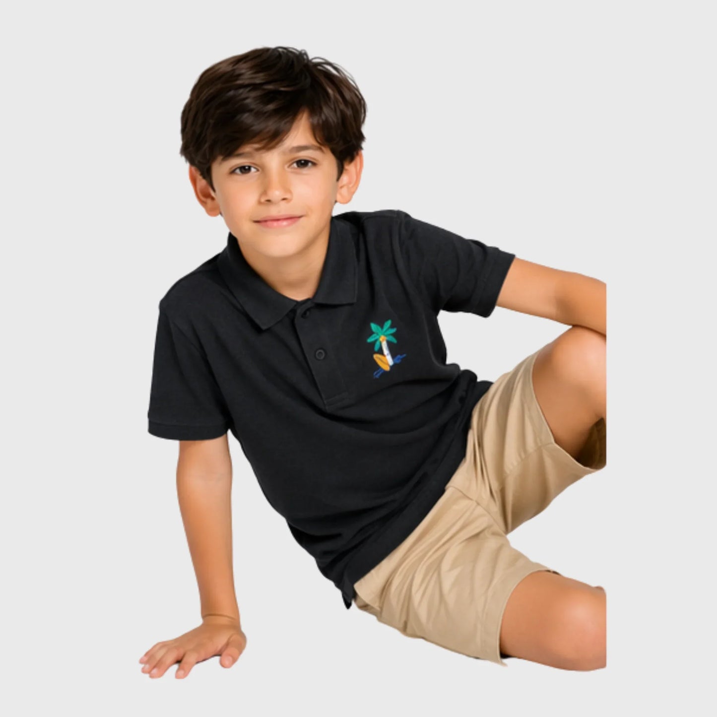 Black Cotton Polo with Island Surf Embroidery