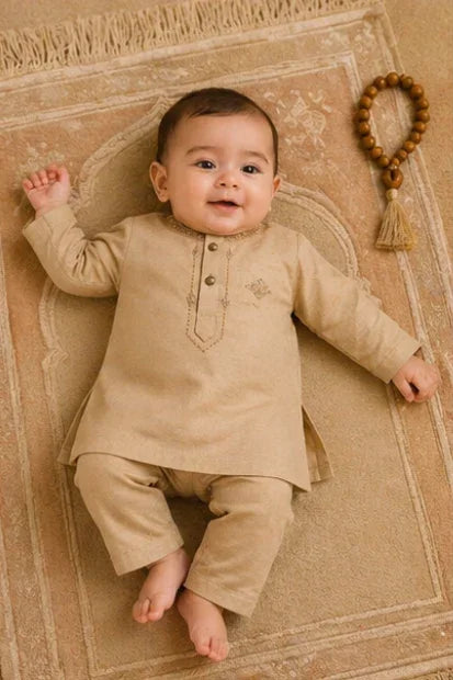Baby Boys Embroidered Kurta & Shalwar Set – Cream beige