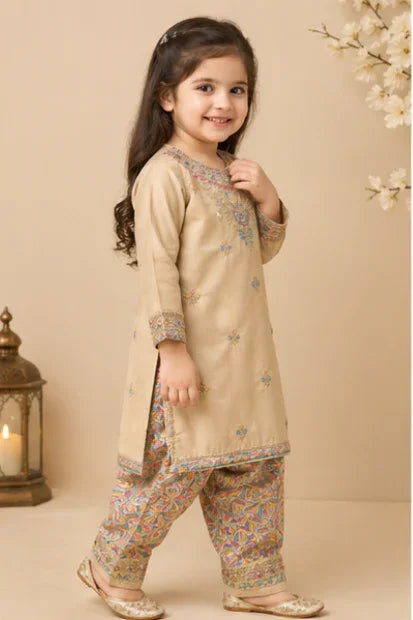 Girls Embroidered Kurta & Shalwar Set – Beige