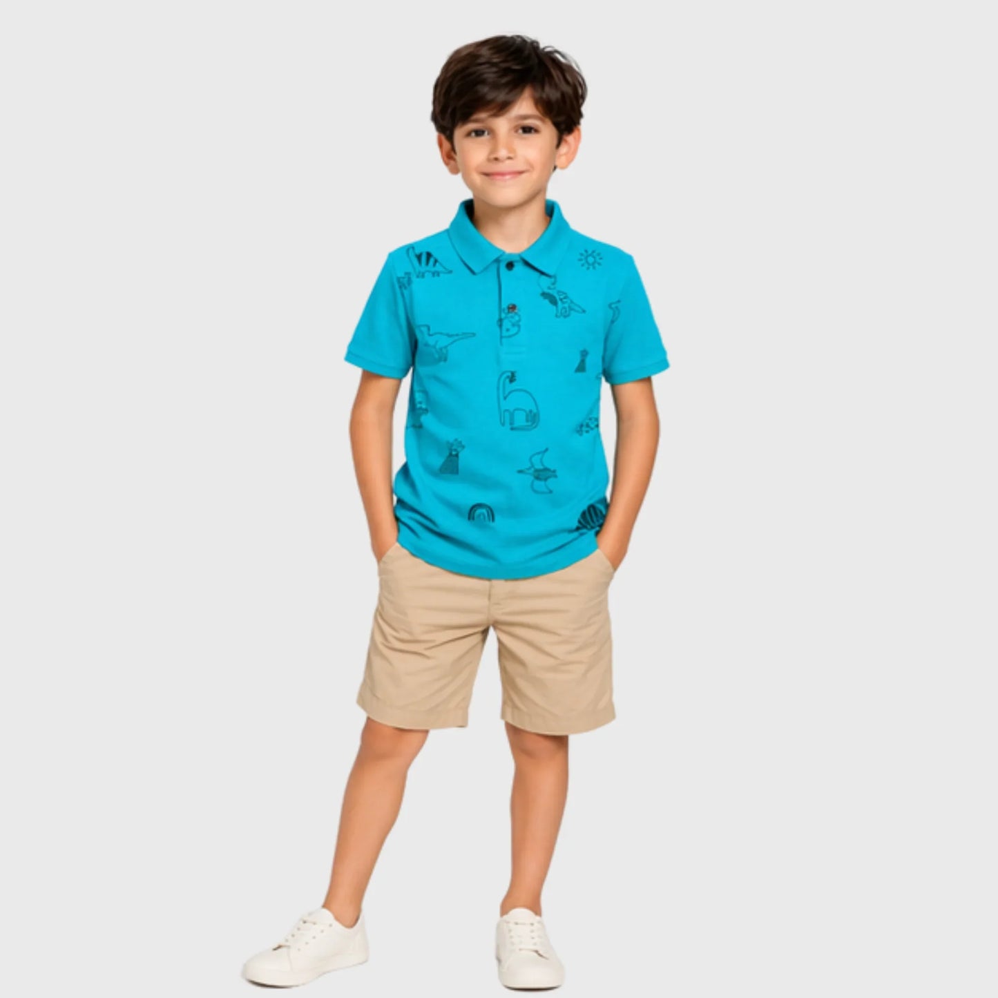 Teal Polo with Hand-Drawn Dinosaur Graphics