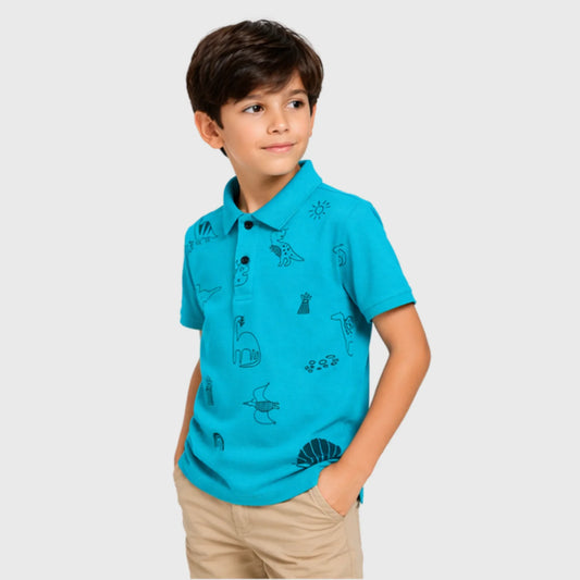 Teal Polo with Hand-Drawn Dinosaur Graphics