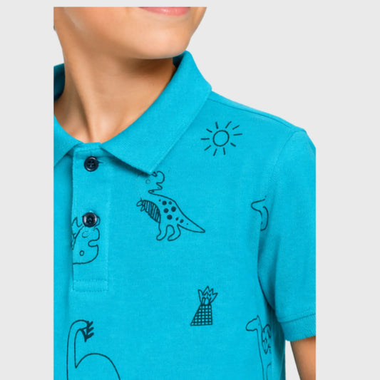 Teal Polo with Hand-Drawn Dinosaur Graphics