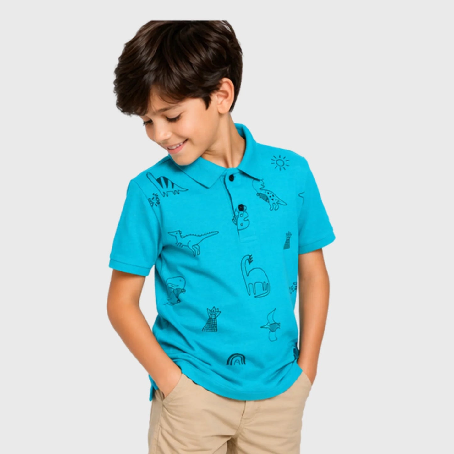 Teal Polo with Hand-Drawn Dinosaur Graphics