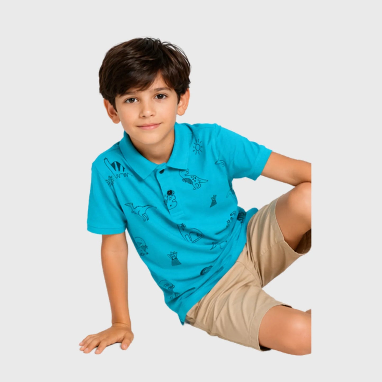 Teal Polo with Hand-Drawn Dinosaur Graphics