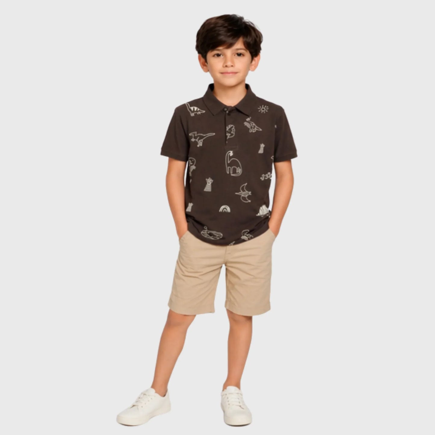 Brown Cotton Polo with Sketched Dinosaur Print