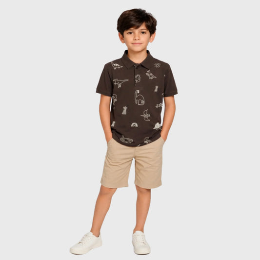 Brown Cotton Polo with Sketched Dinosaur Print