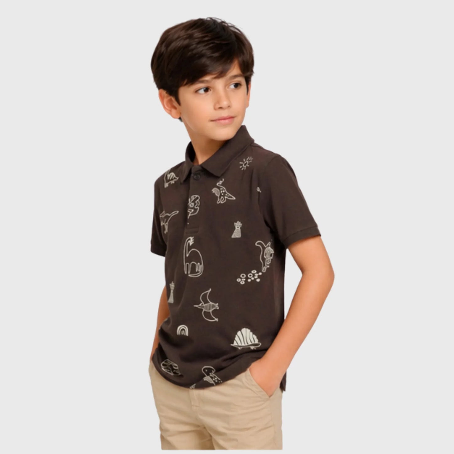 Brown Cotton Polo with Sketched Dinosaur Print