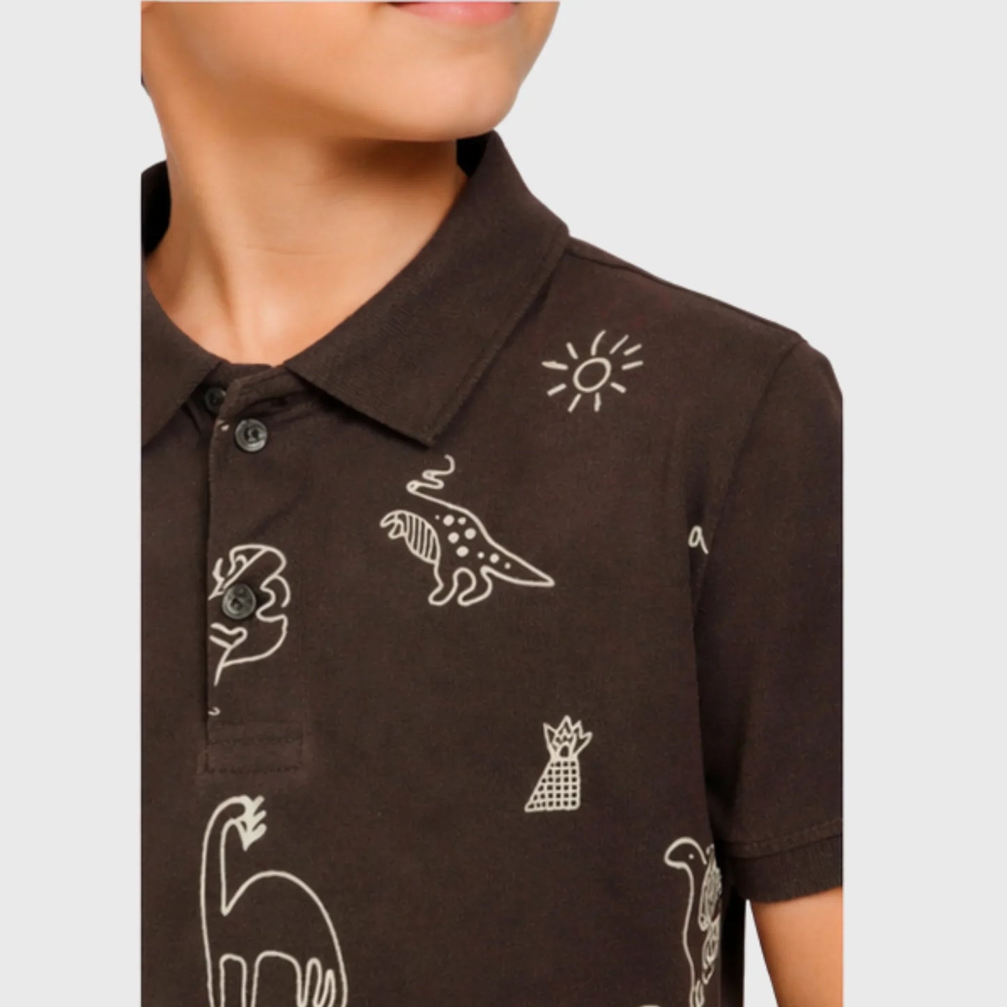 Brown Cotton Polo with Sketched Dinosaur Print