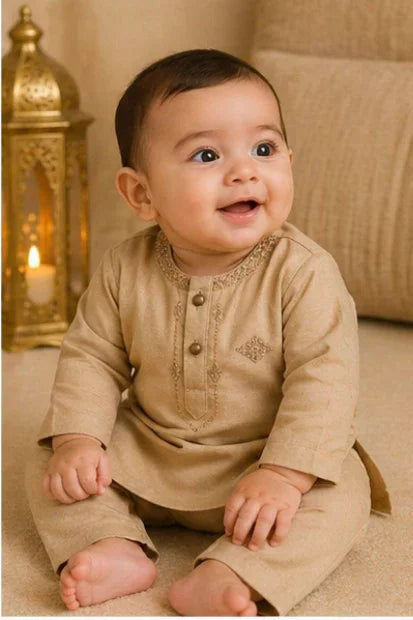 Baby Boys Embroidered Kurta & Shalwar Set – Cream beige