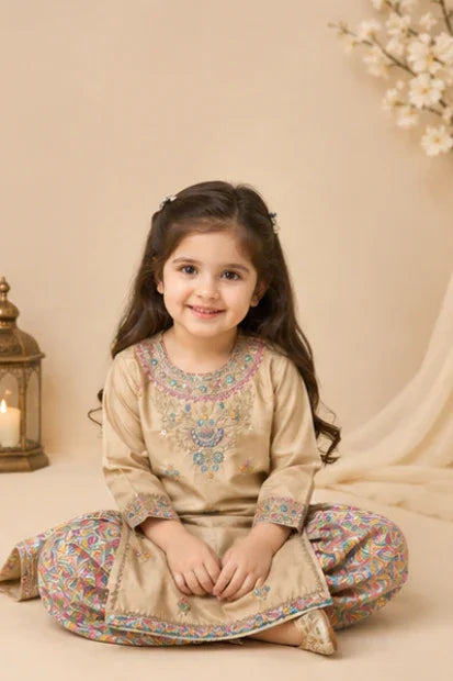 Girls Embroidered Kurta & Shalwar Set – Beige