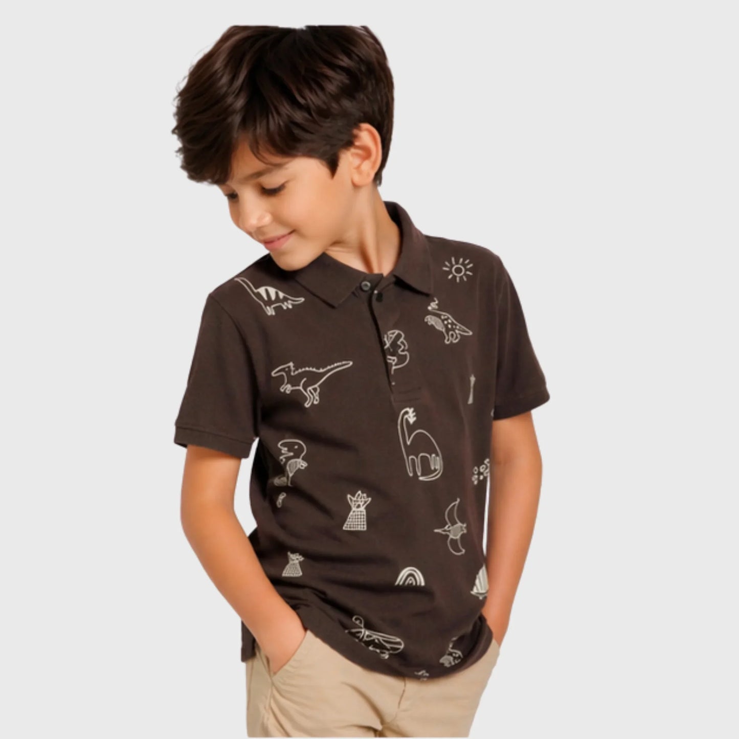 Brown Cotton Polo with Sketched Dinosaur Print