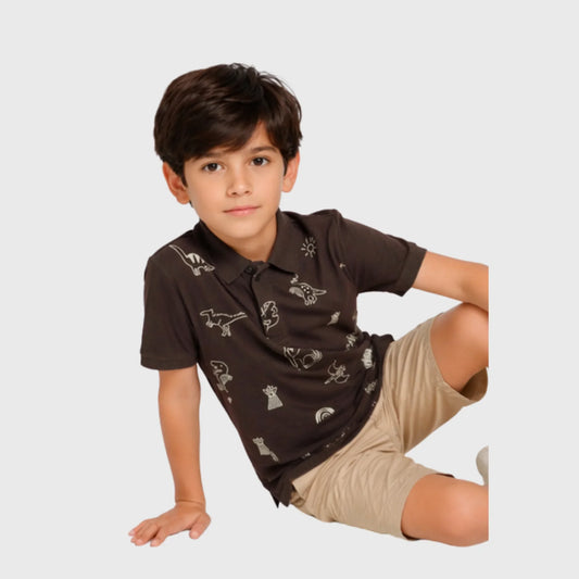 Brown Cotton Polo with Sketched Dinosaur Print