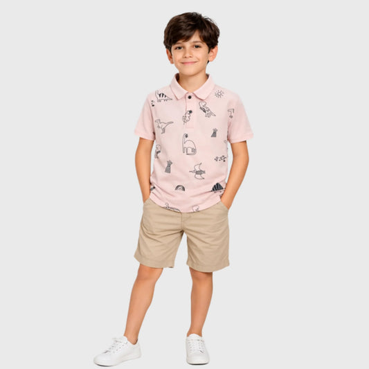 Pink Polo with Sketch Dinosaur Print