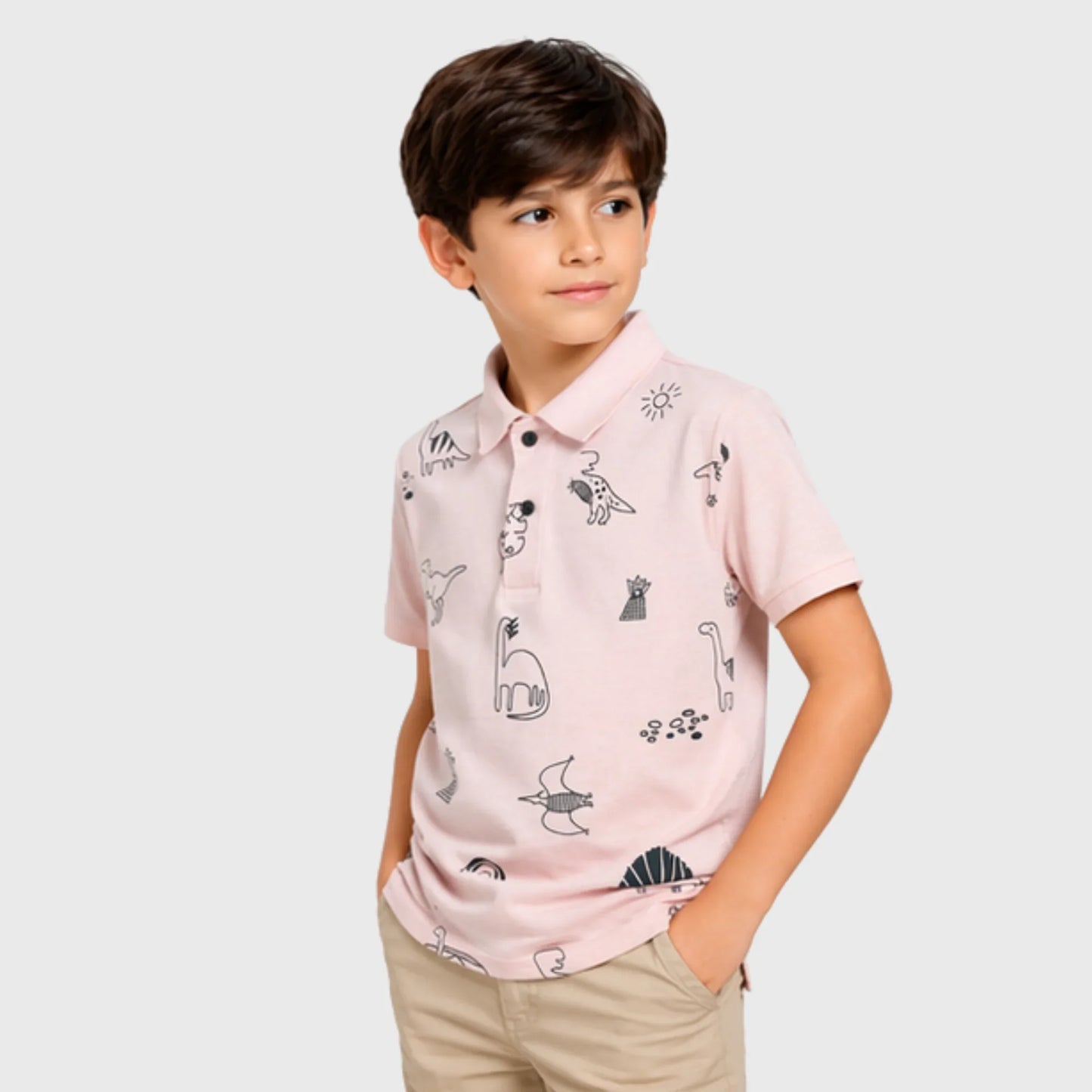 Pink Polo with Sketch Dinosaur Print