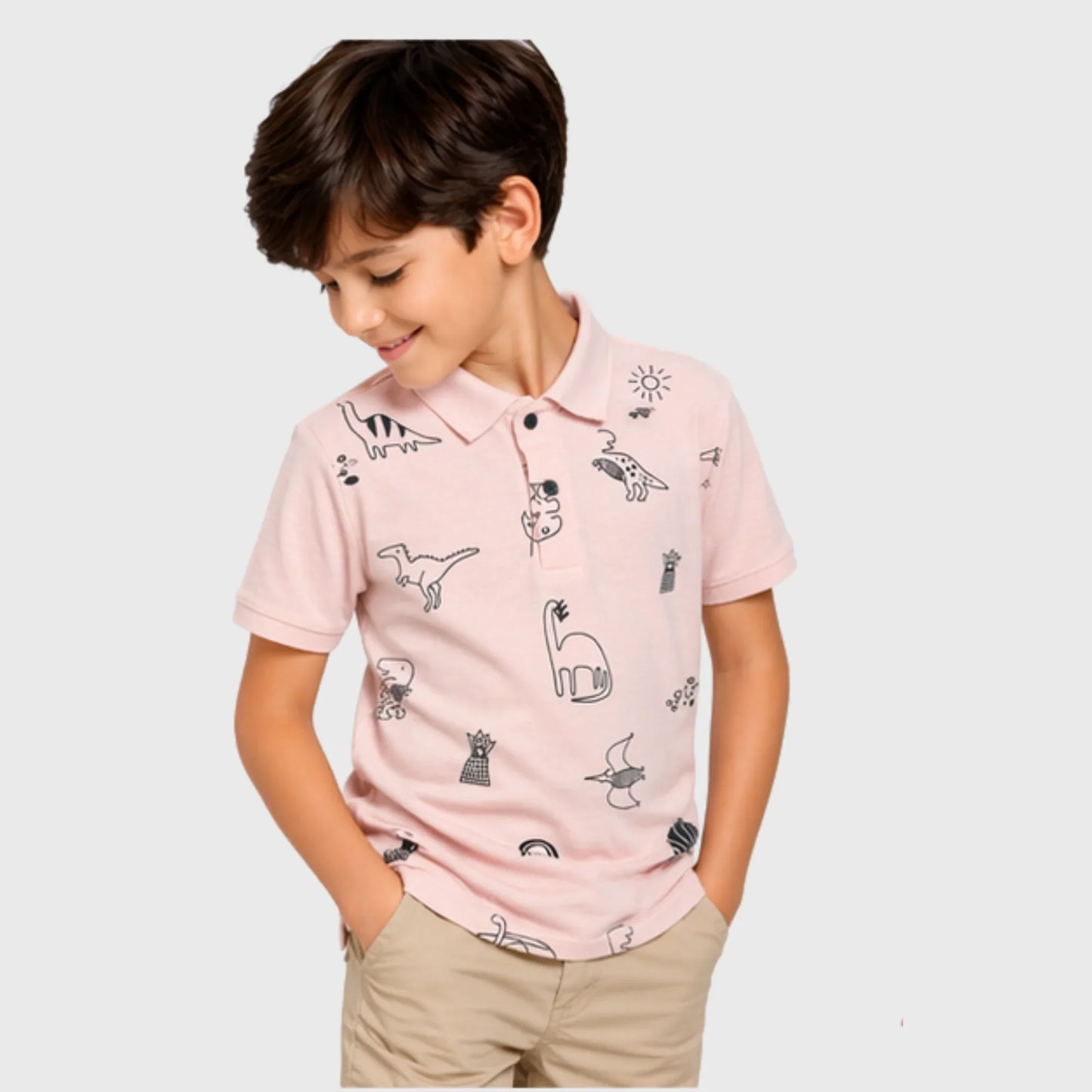 Pink Polo with Sketch Dinosaur Print
